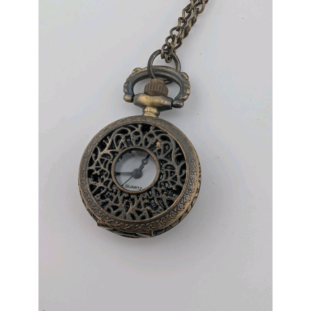 Women's Quartz Pocket Watch Pendant Necklace 27mm Round Bronze Tone Steampunk